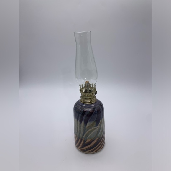 Susan Balentine Stoneware Studio Art Pottery Cylinder Oil Lamp W/ Globe Signed - Picture 1 of 10